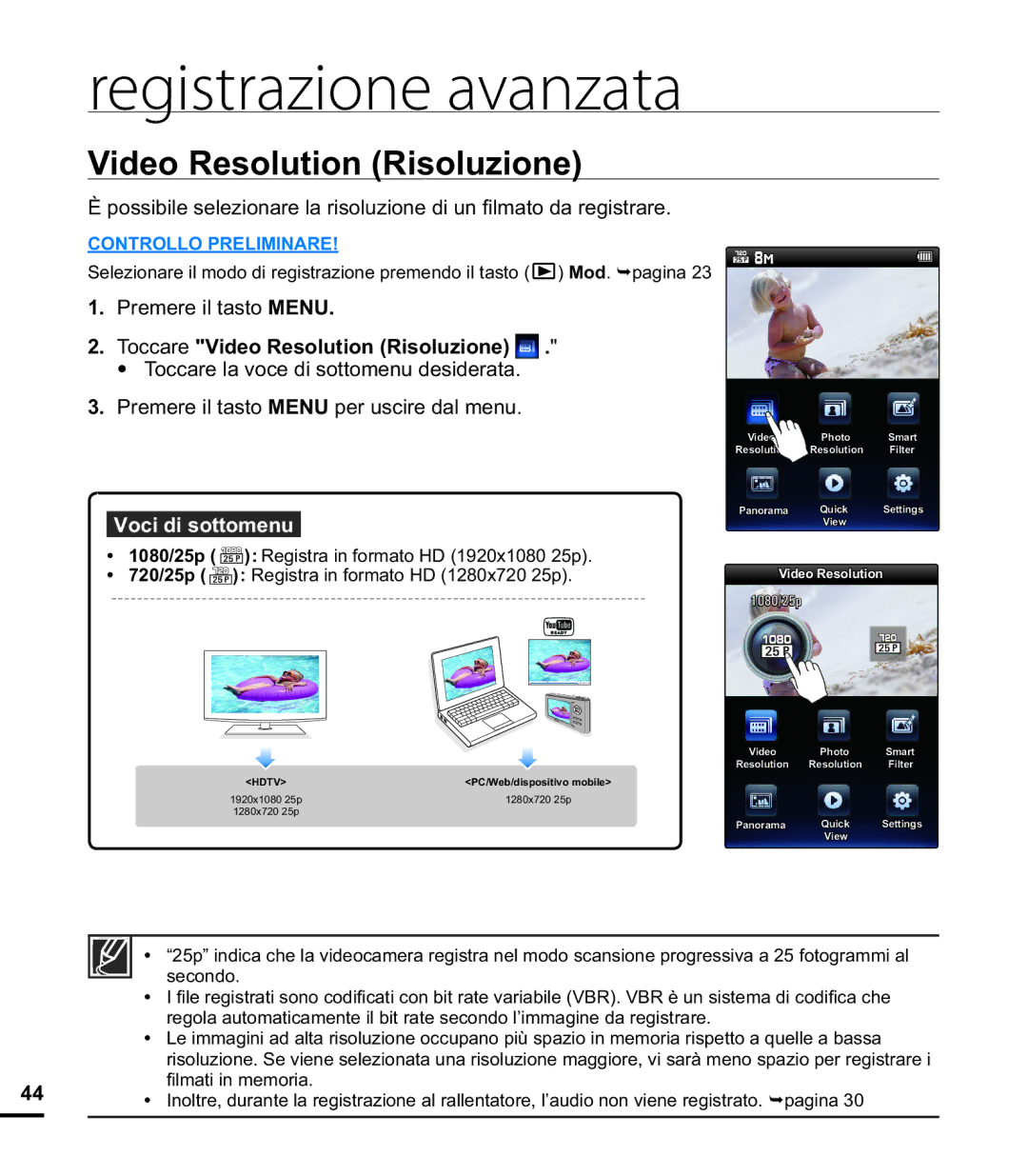 Samsung HMX-E10WP/EDC, HMX-E10BP/EDC, HMX-E10OP/EDC manual Video Resolution Risoluzione, Voci di sottomenu 