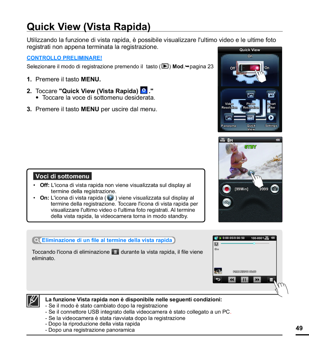 Samsung HMX-E10OP/EDC, HMX-E10BP/EDC, HMX-E10WP/EDC manual Toccare Quick View Vista Rapida 