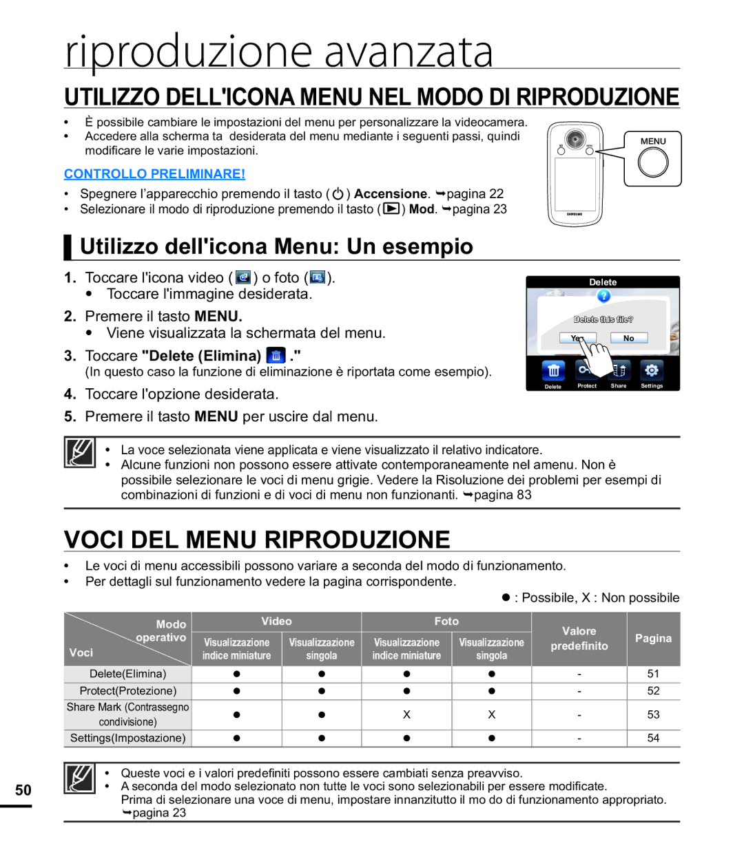 Samsung HMX-E10WP/EDC Riproduzione avanzata, Utilizzo Dellicona Menu NEL Modo DI Riproduzione, Voci DEL Menu Riproduzione 