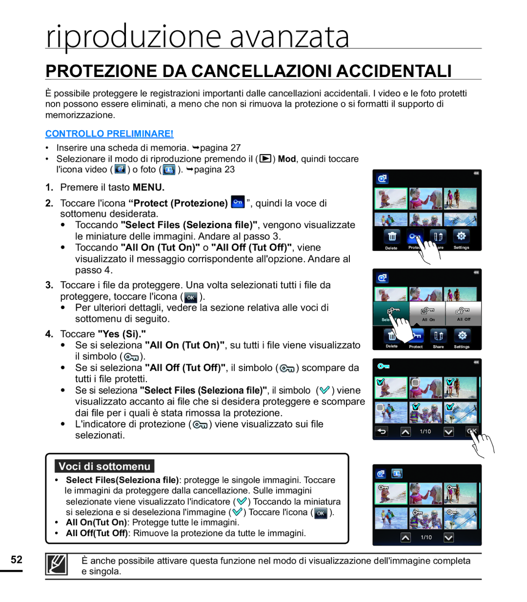 Samsung HMX-E10OP/EDC, HMX-E10BP/EDC, HMX-E10WP/EDC manual Protezione DA Cancellazioni Accidentali, Toccare Yes Si 