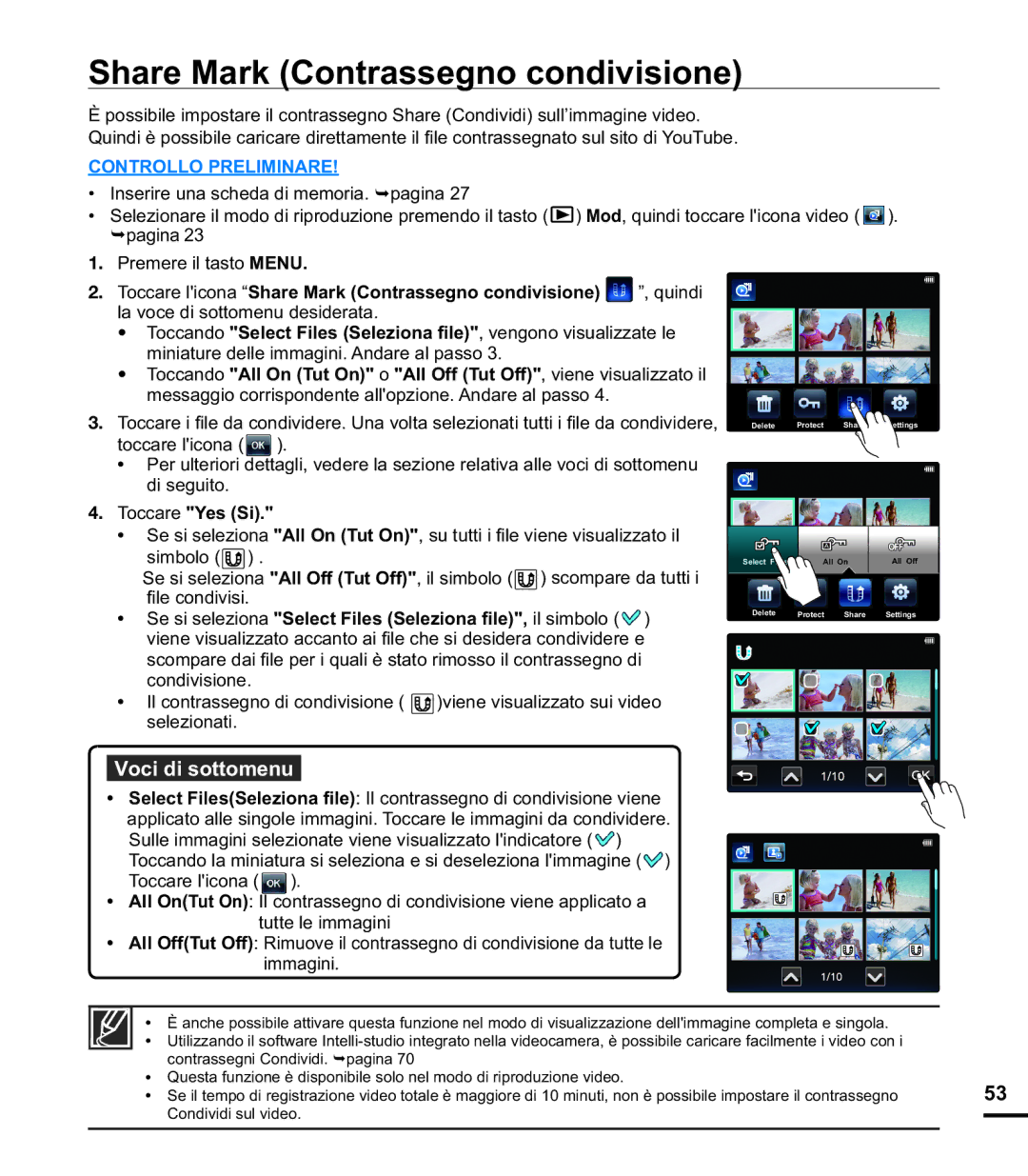 Samsung HMX-E10WP/EDC, HMX-E10BP/EDC, HMX-E10OP/EDC manual Share Mark Contrassegno condivisione, Toccare Yes Si 