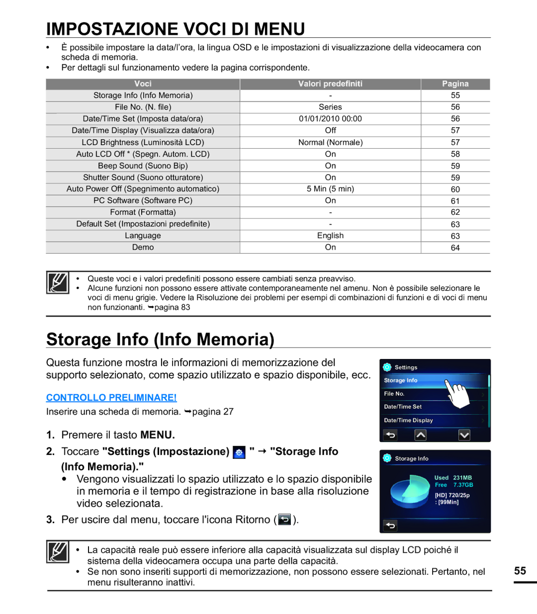 Samsung HMX-E10OP/EDC, HMX-E10BP/EDC, HMX-E10WP/EDC manual Impostazione Voci DI Menu, Storage Info Info Memoria 