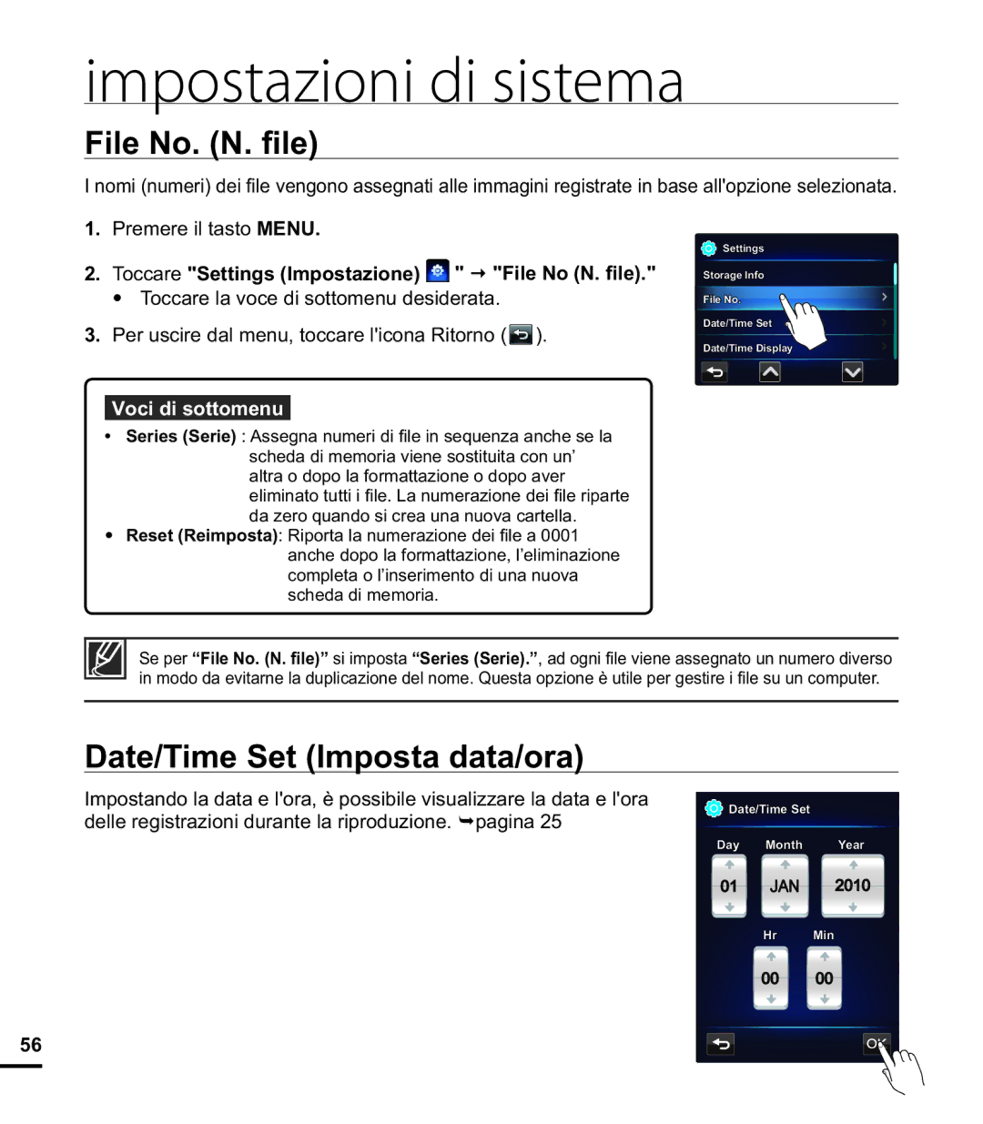 Samsung HMX-E10WP/EDC manual File No. N. ﬁle, Date/Time Set Imposta data/ora, Toccare Settings Impostazione File No N. ﬁle 