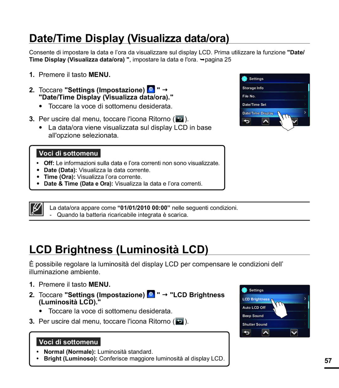 Samsung HMX-E10BP/EDC, HMX-E10OP/EDC, HMX-E10WP/EDC Date/Time Display Visualizza data/ora, LCD Brightness Luminosità LCD 