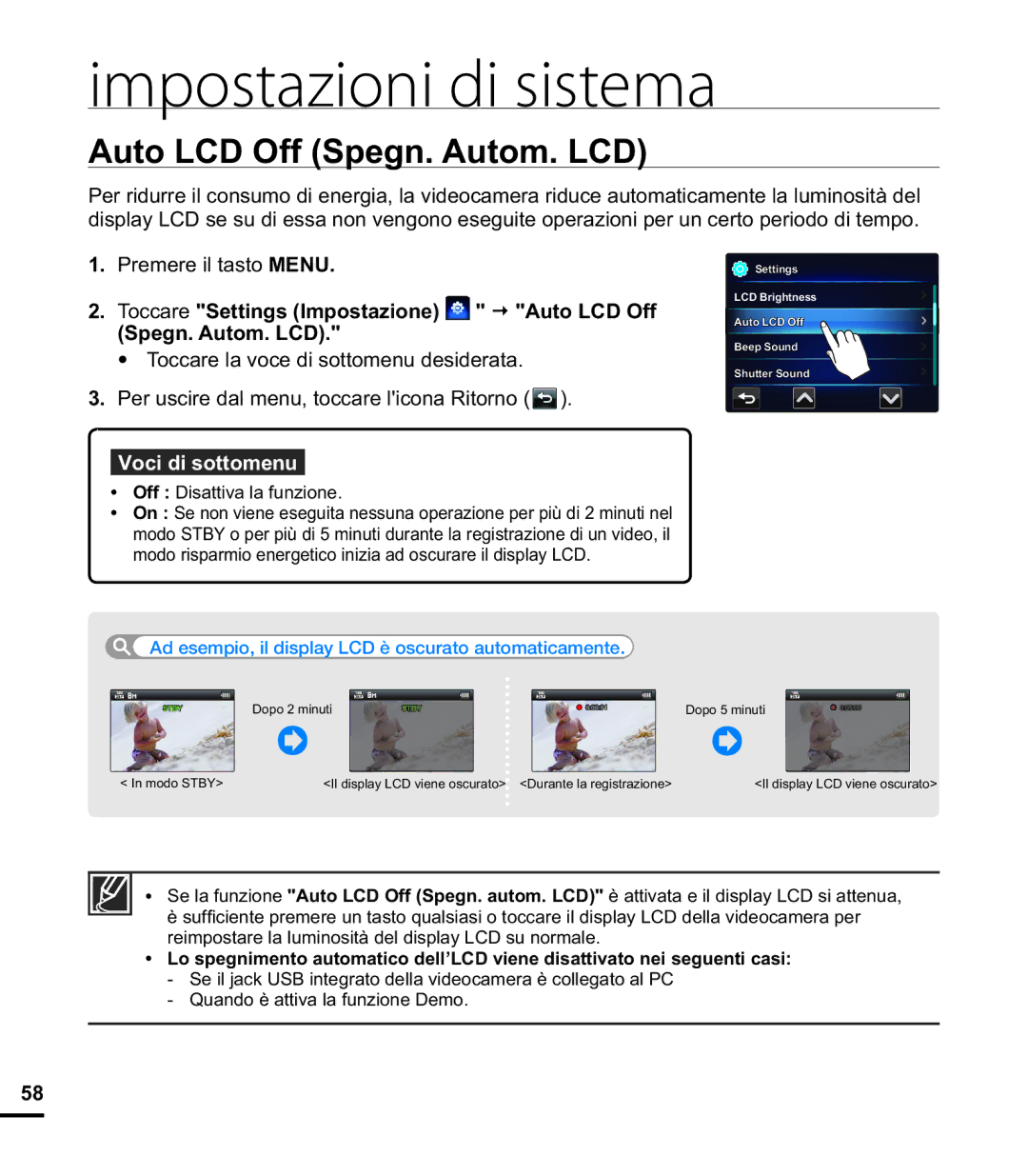 Samsung HMX-E10OP/EDC, HMX-E10BP/EDC, HMX-E10WP/EDC manual Toccare Settings Impostazione Auto LCD Off Spegn. Autom. LCD 