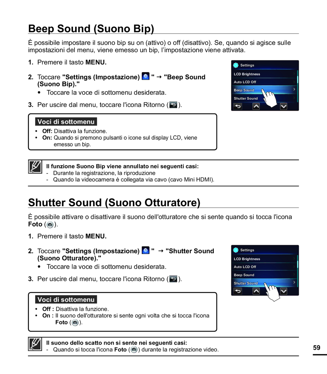 Samsung HMX-E10WP/EDC, HMX-E10BP/EDC, HMX-E10OP/EDC manual Beep Sound Suono Bip, Shutter Sound Suono Otturatore 