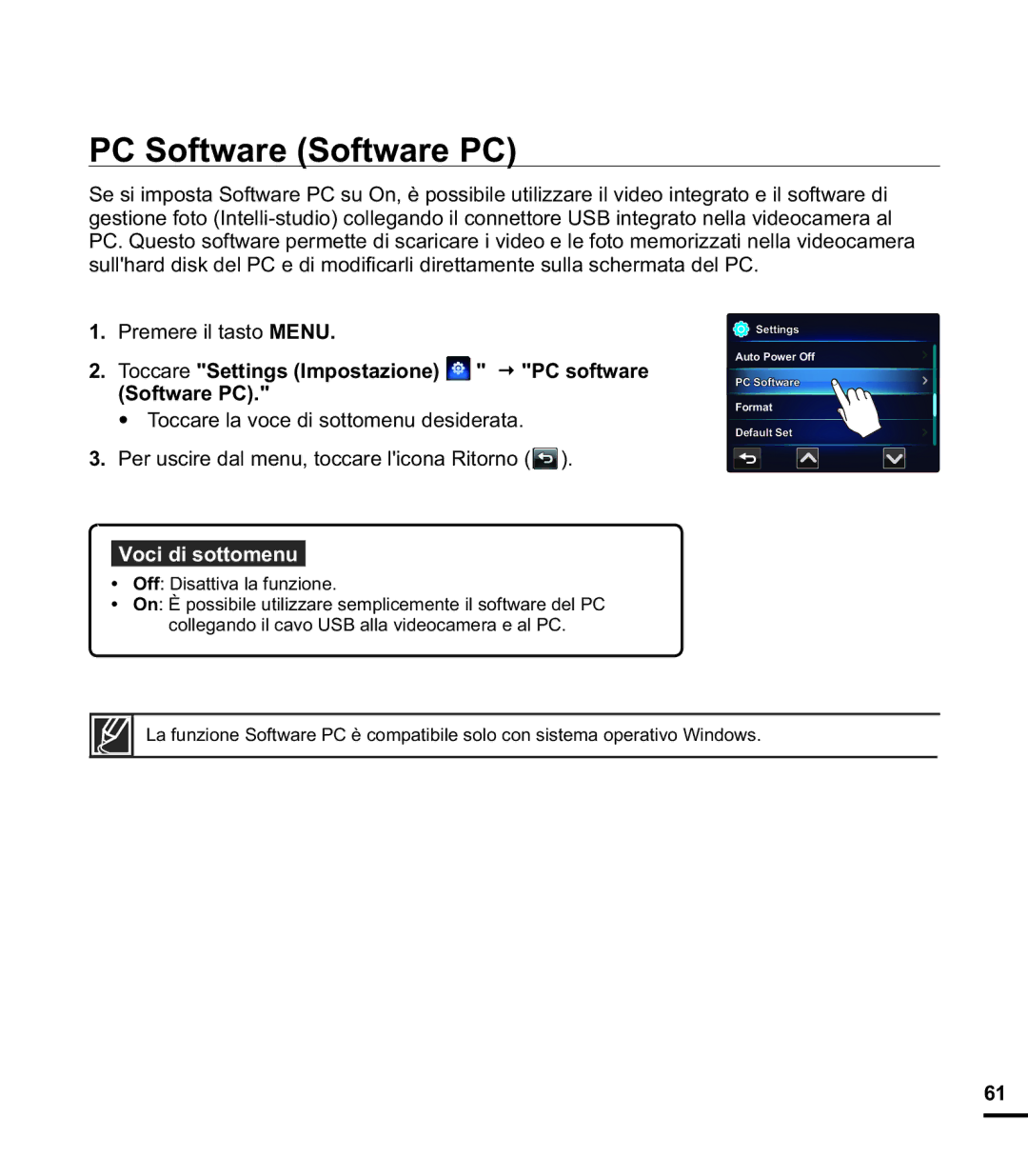 Samsung HMX-E10OP/EDC, HMX-E10BP/EDC manual PC Software Software PC, Toccare Settings Impostazione PC software Software PC 