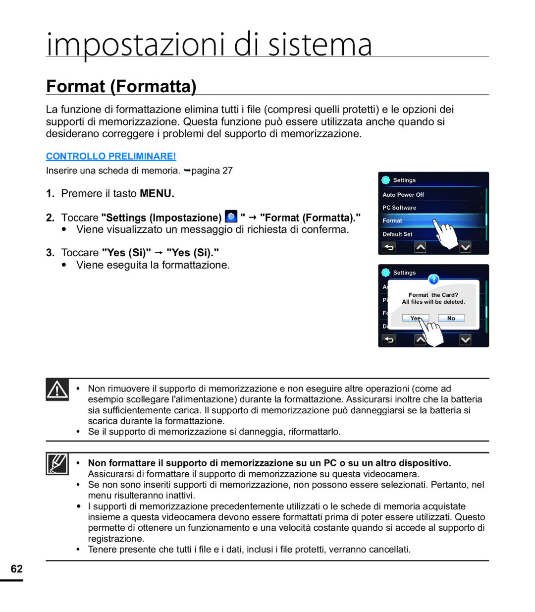 Samsung HMX-E10WP/EDC, HMX-E10BP/EDC, HMX-E10OP/EDC manual Format Formatta, Toccare Yes Si Yes Si 