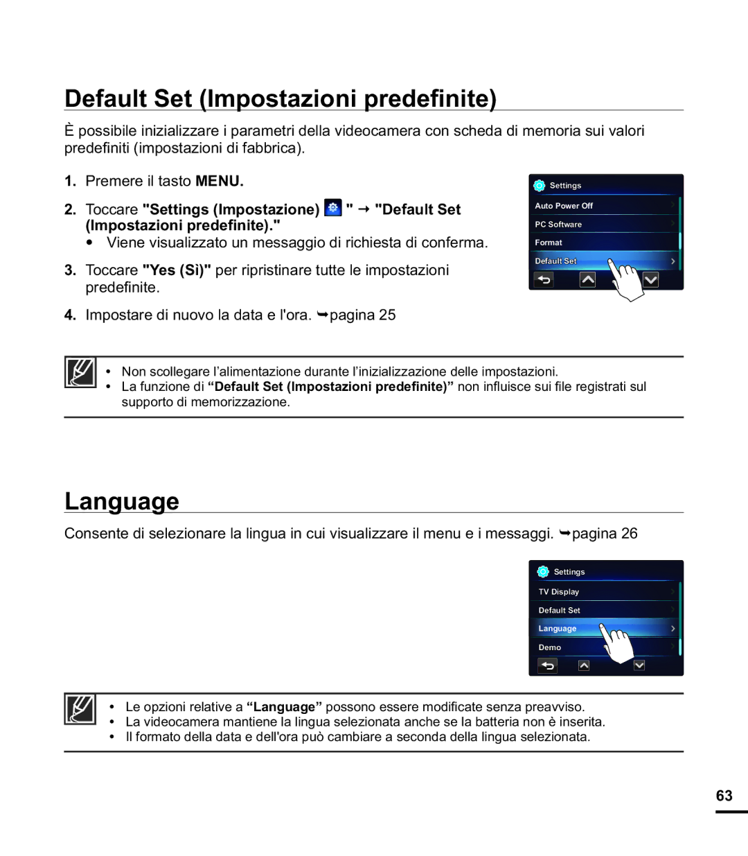 Samsung HMX-E10BP/EDC, HMX-E10OP/EDC, HMX-E10WP/EDC manual Default Set Impostazioni predeﬁnite, Language 