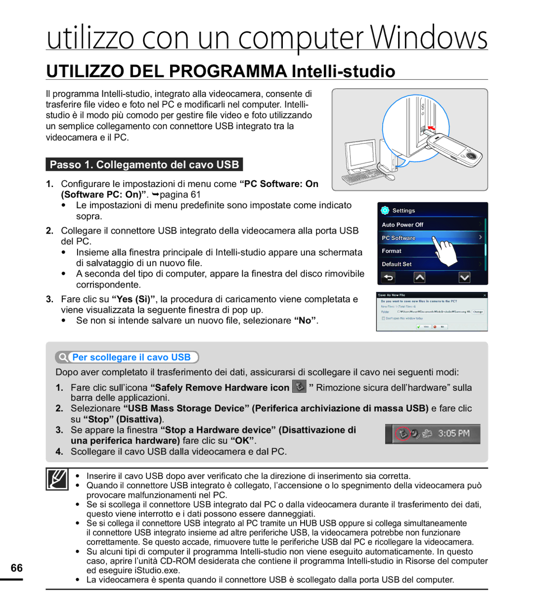 Samsung HMX-E10BP/EDC, HMX-E10OP/EDC manual Utilizzo DEL Programma Intelli-studio, Passo 1. Collegamento del cavo USB 