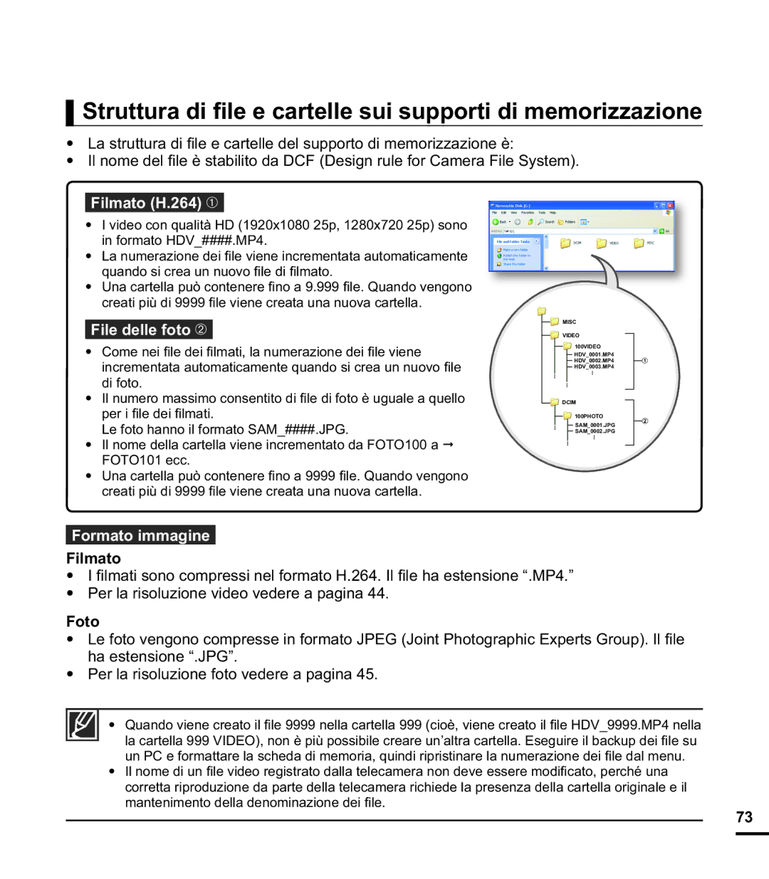 Samsung HMX-E10OP/EDC manual Struttura di ﬁle e cartelle sui supporti di memorizzazione, Filmato H.264 , File delle foto Ž 