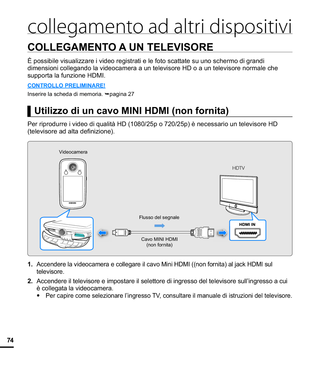 Samsung HMX-E10WP/EDC, HMX-E10BP/EDC, HMX-E10OP/EDC manual Collegamento ad altri dispositivi, Collegamento a UN Televisore 