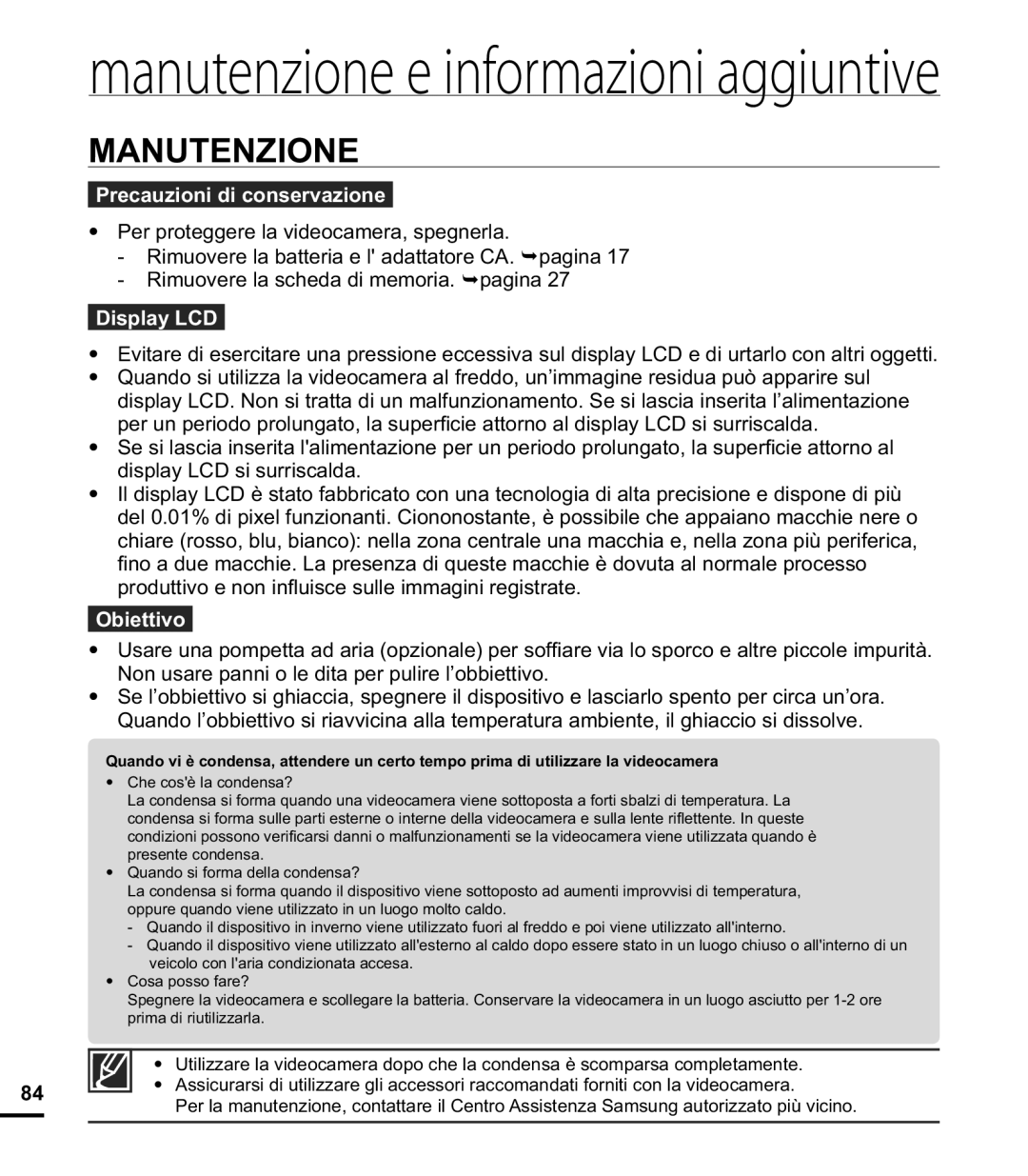 Samsung HMX-E10BP/EDC, HMX-E10OP/EDC, HMX-E10WP/EDC manual Manutenzione, Precauzioni di conservazione, Display LCD, Obiettivo 