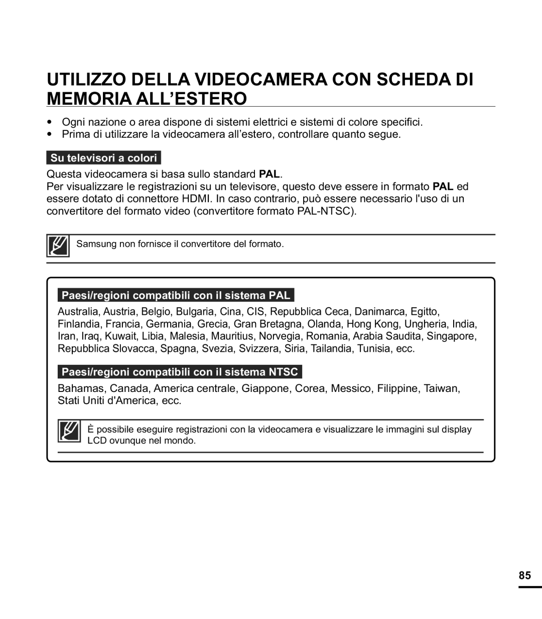 Samsung HMX-E10OP/EDC, HMX-E10BP/EDC Utilizzo Della Videocamera CON Scheda DI Memoria ALL’ESTERO, Su televisori a colori 