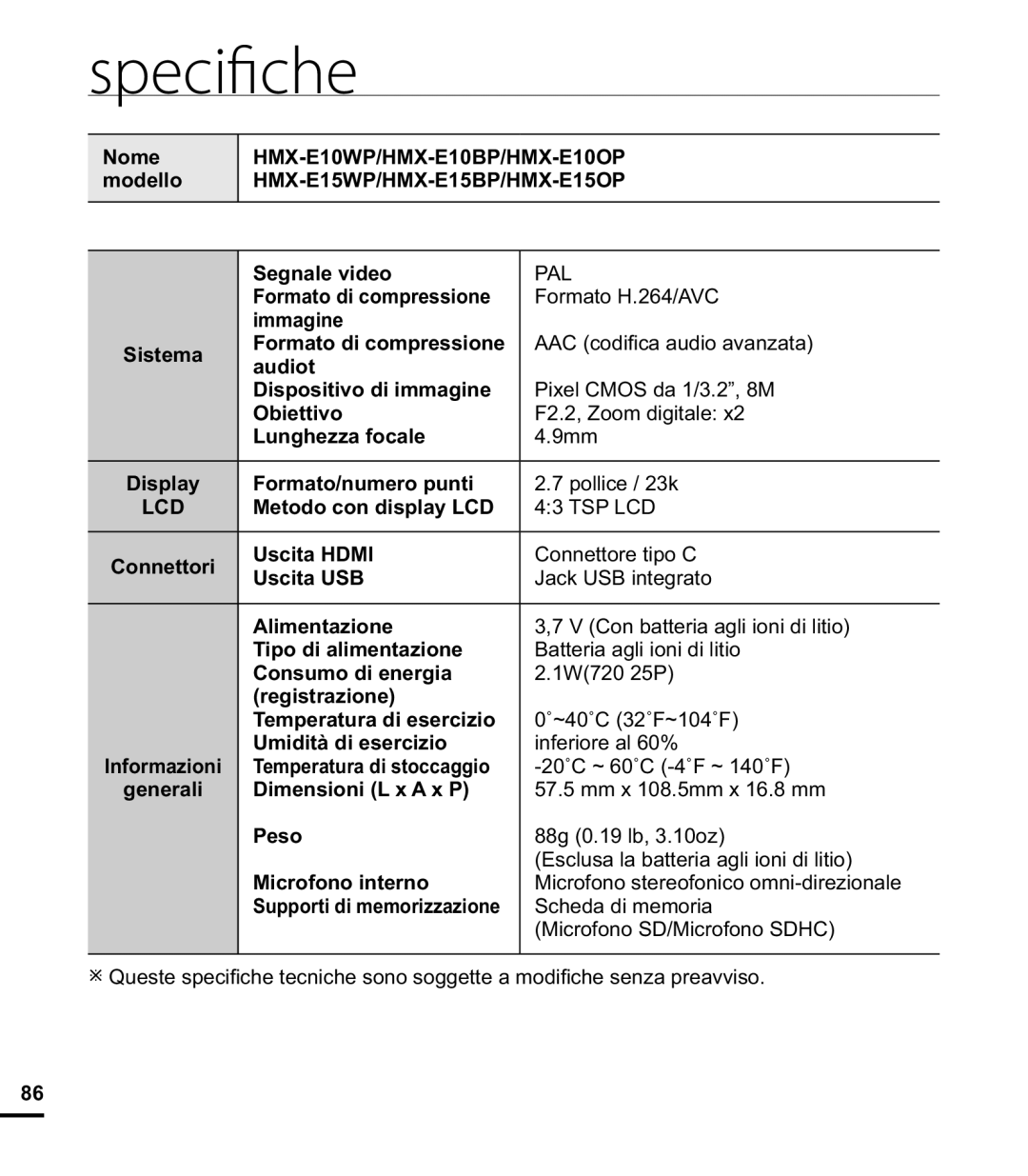 Samsung HMX-E10WP/EDC, HMX-E10BP/EDC, HMX-E10OP/EDC manual Specifiche 