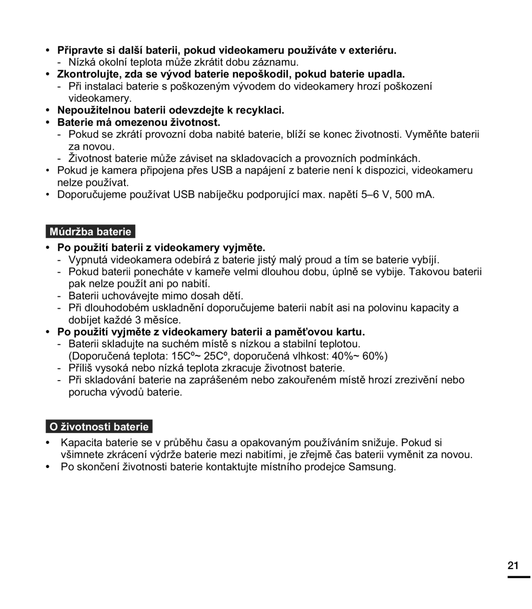 Samsung HMX-E10BP/EDC manual ~GUåEDEDWHULH, 3RSRXåLWtEDWHULLYLGHRNDPHU\Y\MPČWH, åLYRWQRVWLEDWHULH 