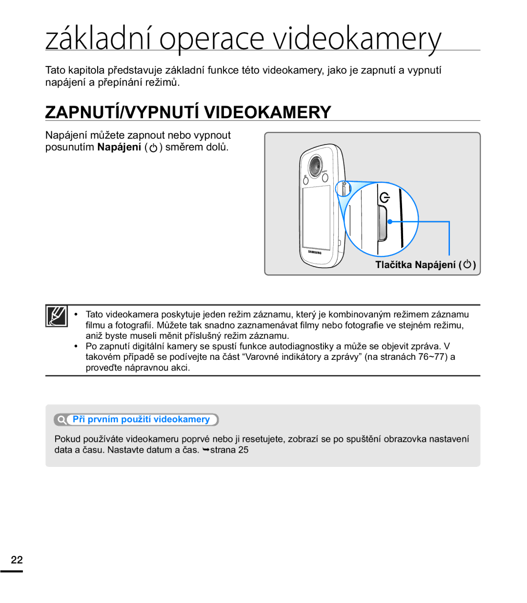 Samsung HMX-E10BP/EDC manual Základní operace videokamery, =$3187Ë93187Ë9,2.$05, QDSiMHQtDSĜHStQiQtUHåLPĤ 