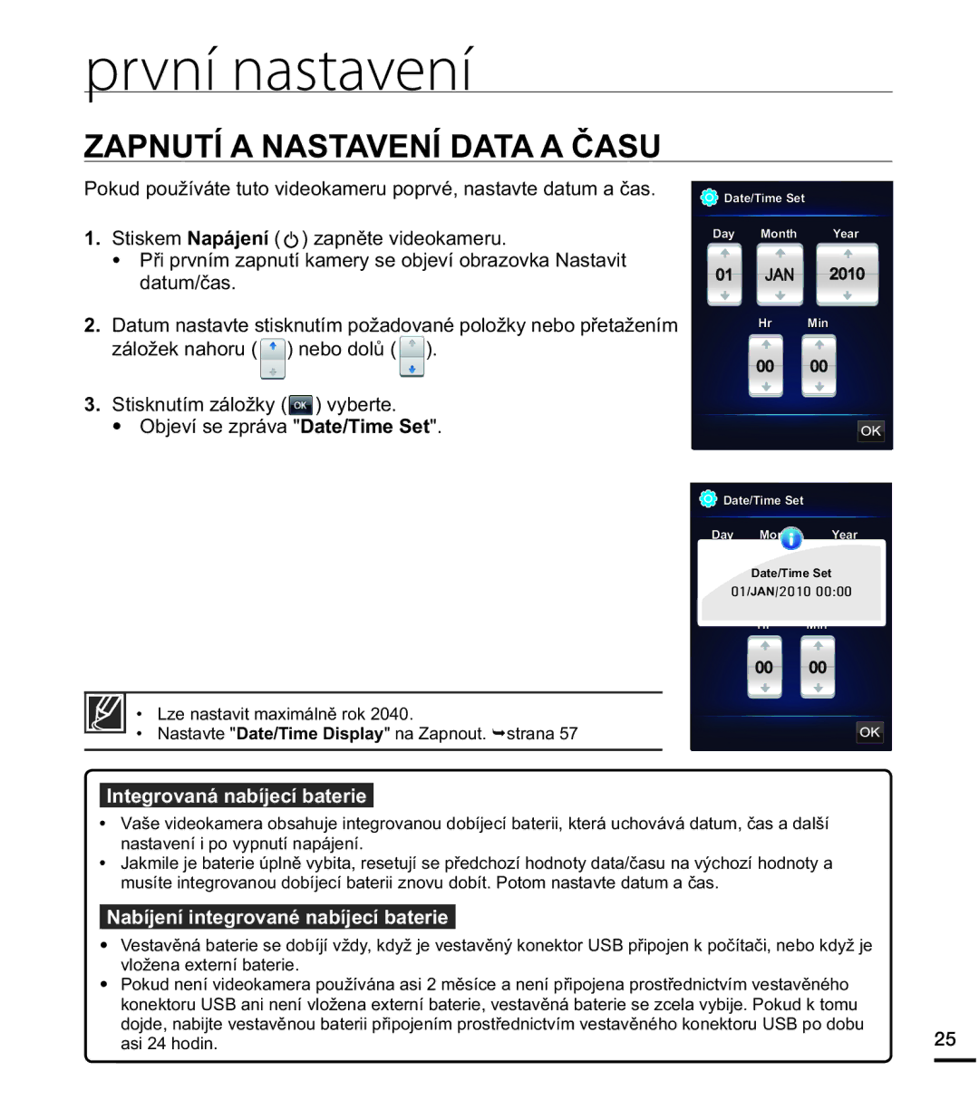 Samsung HMX-E10BP/EDC manual První nastavení, =$3187Ë$1$67$91Ë$7$$ý$68, QWHJURYDQiQDEtMHFtEDWHULH 