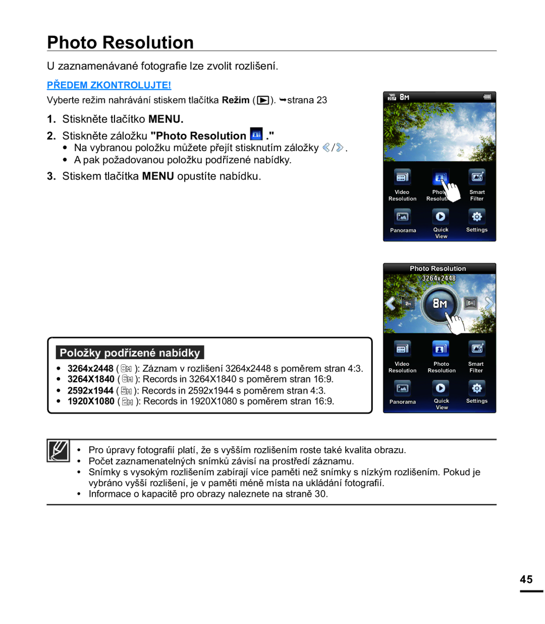 Samsung HMX-E10BP/EDC manual 3KRWR5HVROXWLRQ, DQDPHQiYDQpIRWRJUD¿HOHYROLWUROLãHQt 