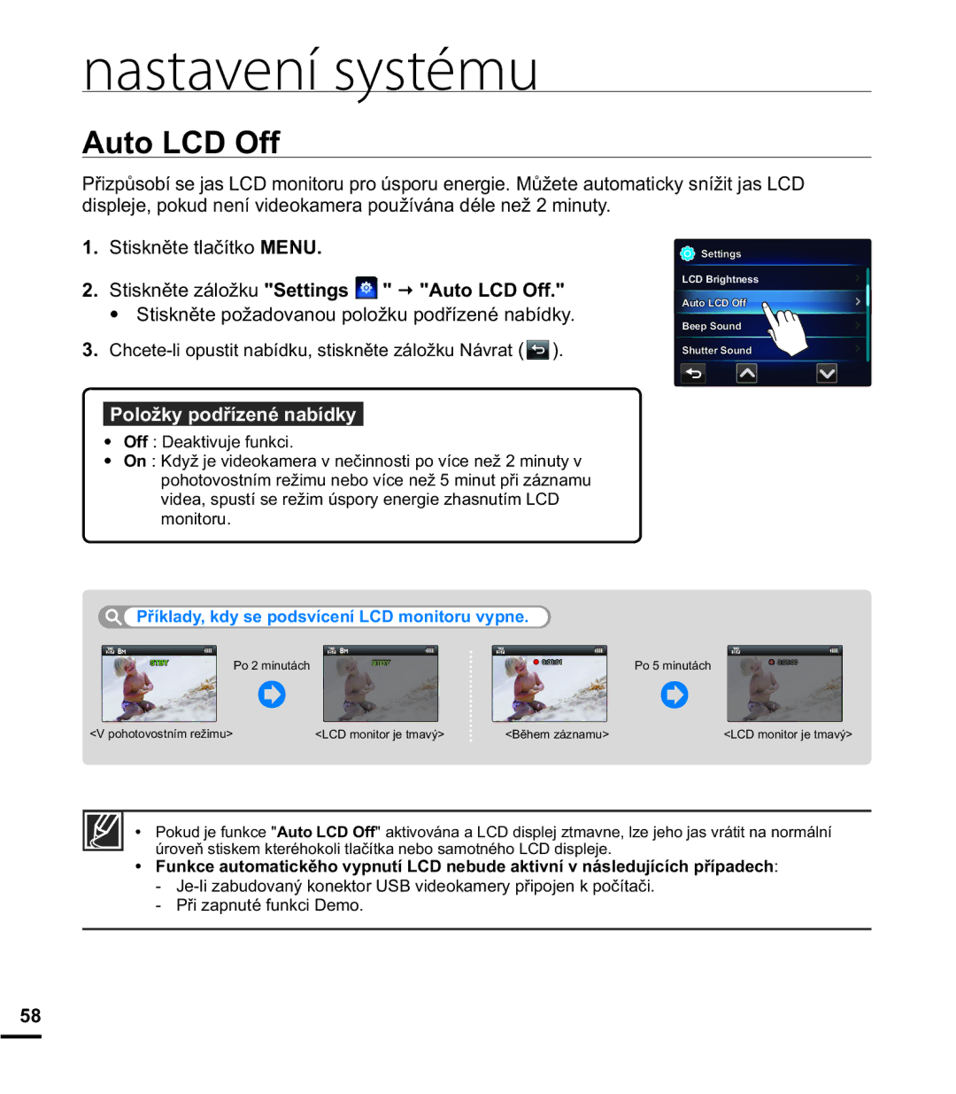 Samsung HMX-E10BP/EDC manual  6WLVNQČWHiORåNX 6HWWLQJV € $XWR/&2II, 2IIHDNWLYXMHIXQNFL, Prqlwrux 