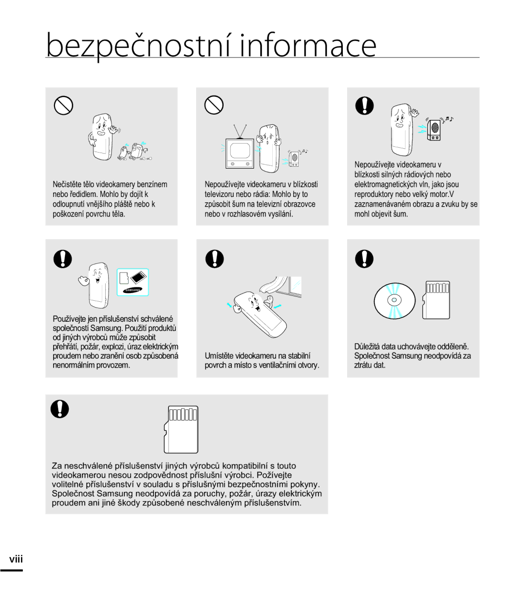 Samsung HMX-E10BP/EDC manual Viii, SRãNRHQtSRYUFKXWČOD, PRKOREMHYLWãXP, QHQRUPiOQtPSURYRHP, Ztrátu dat 