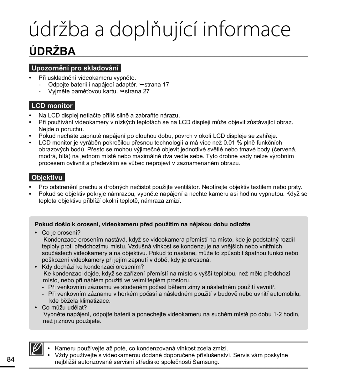 Samsung HMX-E10BP/EDC manual Údržba a doplňující informace, Ò5ä%$, 8SRRUQČQtSURVNODGRYiQt, 1HMGHRSRUXFKX 