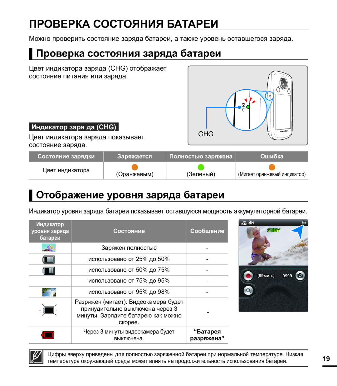 Samsung HMX-E10WP/XER Проверка Состояния Батареи, Проверка состояния заряда батареи, Отображение уровня заряда батареи 