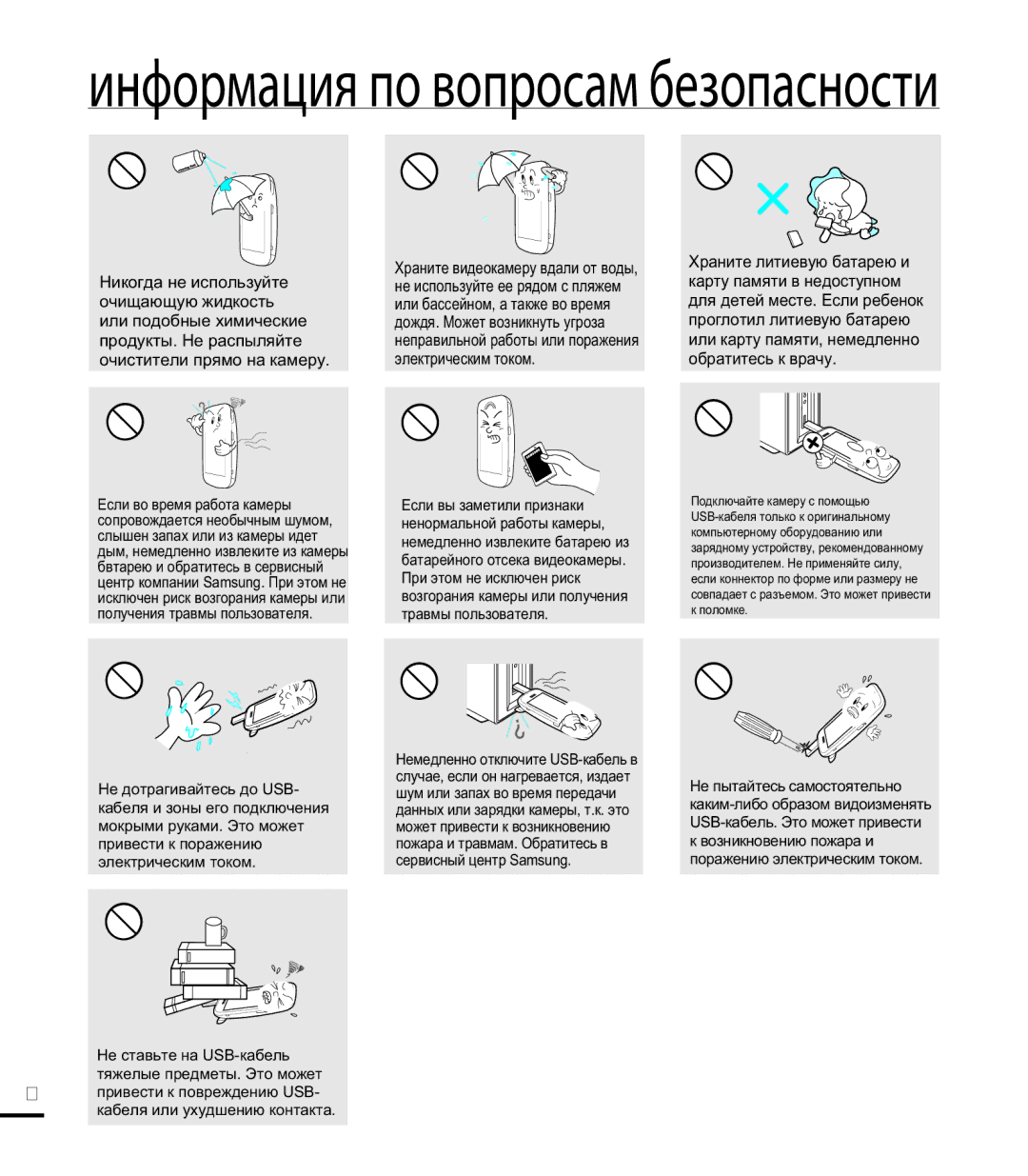 Samsung HMX-E10OP/XER, HMX-E10WP/XER, HMX-E10BP/XER manual Информация по вопросам безопасности 