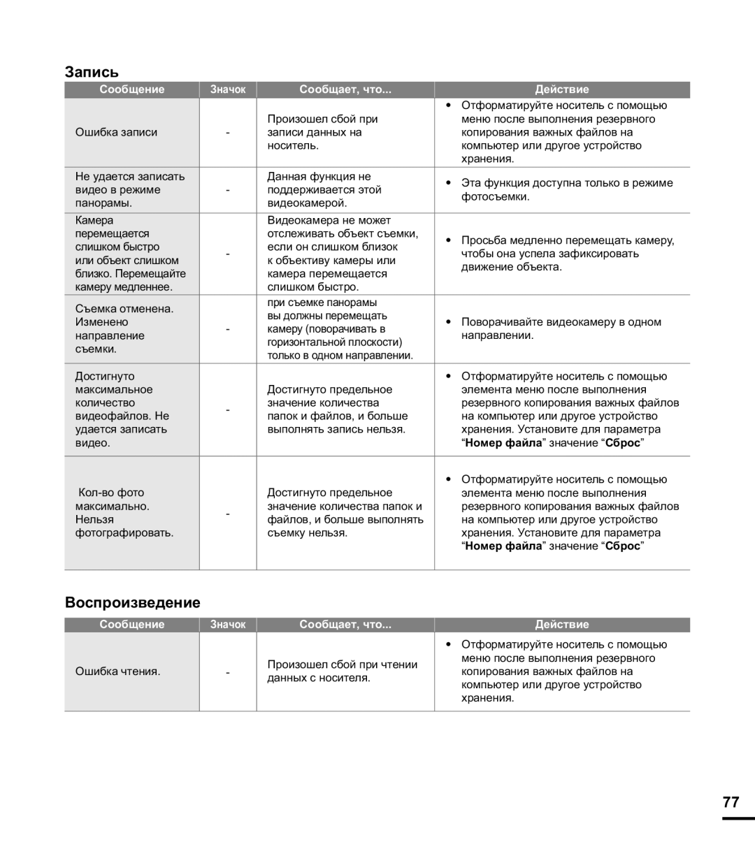 Samsung HMX-E10BP/XER, HMX-E10OP/XER, HMX-E10WP/XER manual Запись, Воспроизведение 