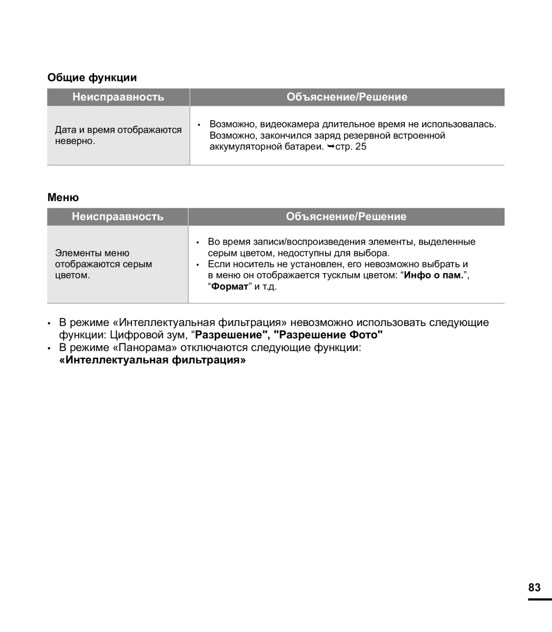 Samsung HMX-E10BP/XER, HMX-E10OP/XER, HMX-E10WP/XER manual Общие функции, Меню, «Интеллектуальная фильтрация» 