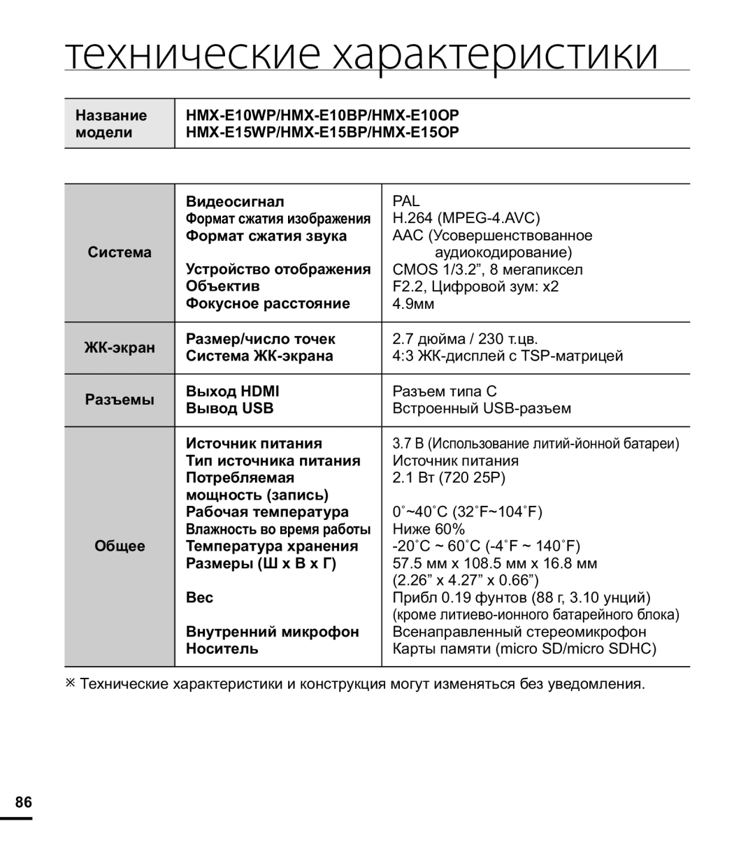 Samsung HMX-E10BP/XER, HMX-E10OP/XER, HMX-E10WP/XER manual Технические характеристики 