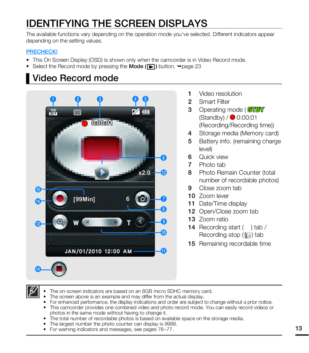 Samsung HMX-E10WN/XAA manual Identifying the Screen Displays, Video Record mode 