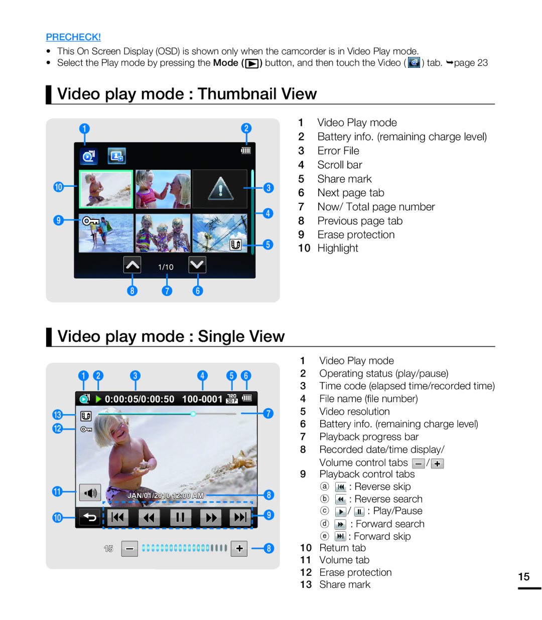 Samsung HMX-E10WN/XAA manual Video play mode Thumbnail View, Video play mode Single View 