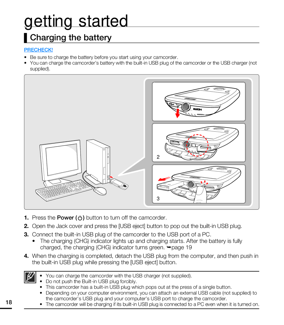 Samsung HMX-E10WN/XAA manual Charging the battery 