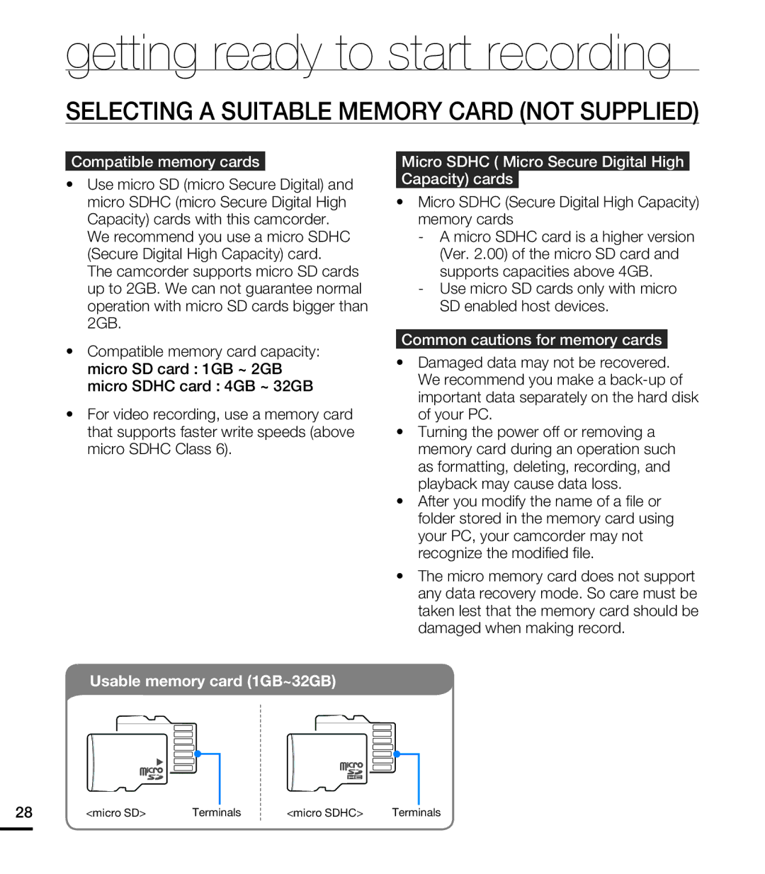 Samsung HMX-E10WN/XAA manual Selecting a Suitable Memory Card not Supplied, Compatible memory cards 