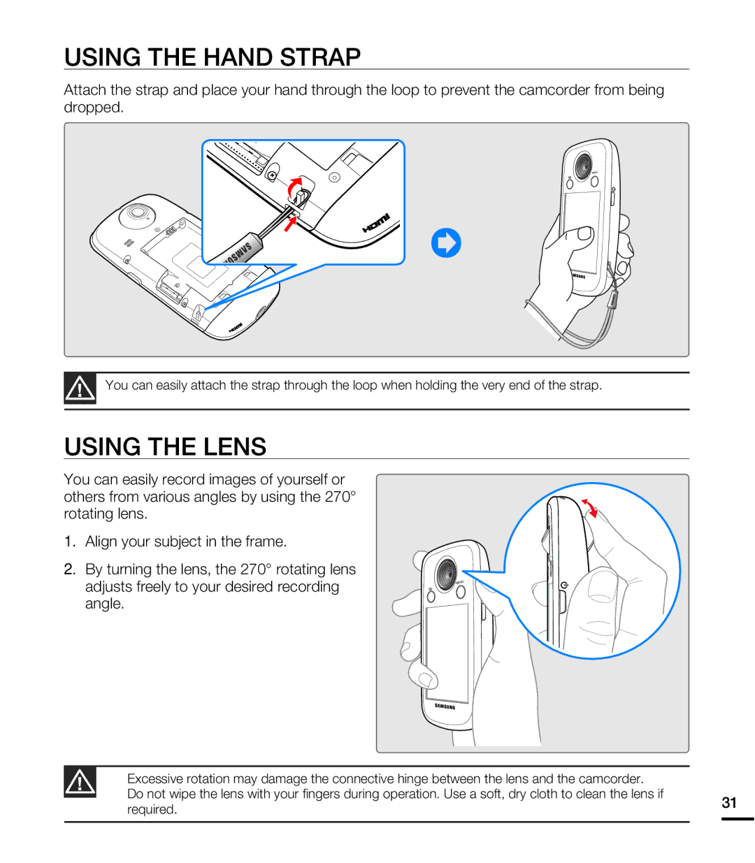 Samsung HMX-E10WN/XAA manual Using the Hand Strap, Using the Lens 