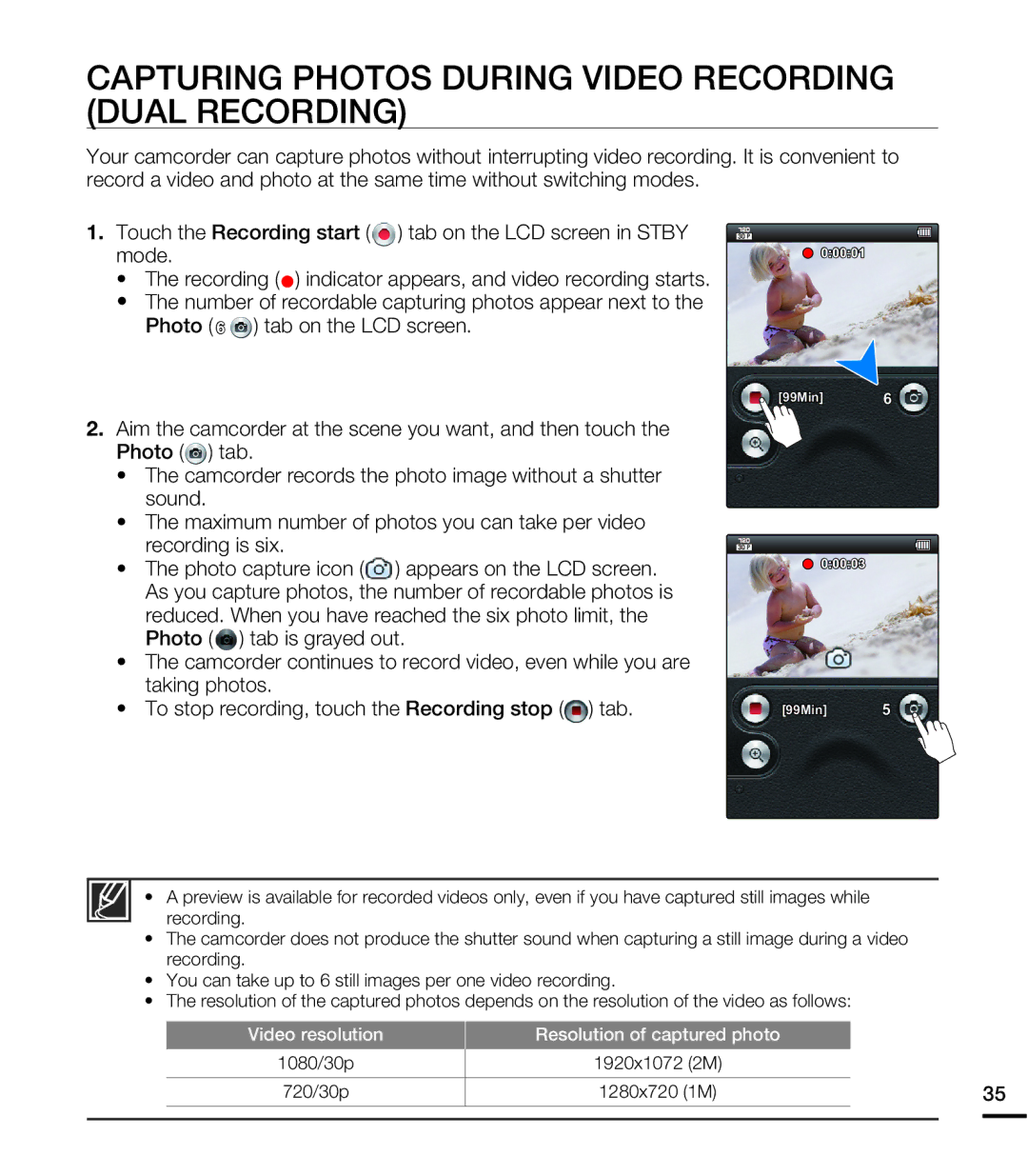 Samsung HMX-E10WN/XAA manual Capturing Photos During Video Recording Dual Recording 