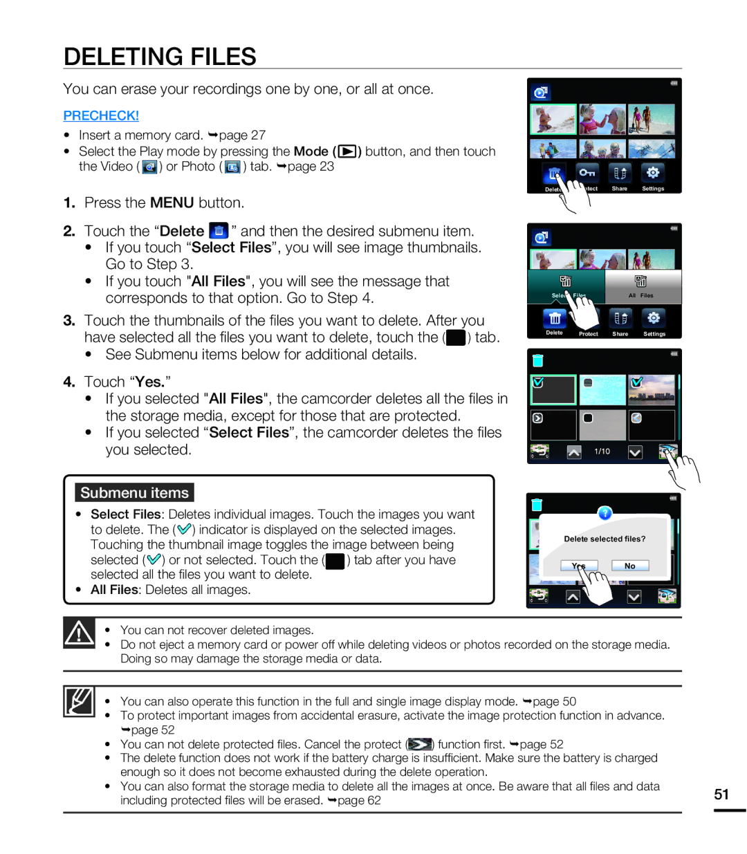 Samsung HMX-E10WN/XAA manual Deleting Files, You can erase your recordings one by one, or all at once 