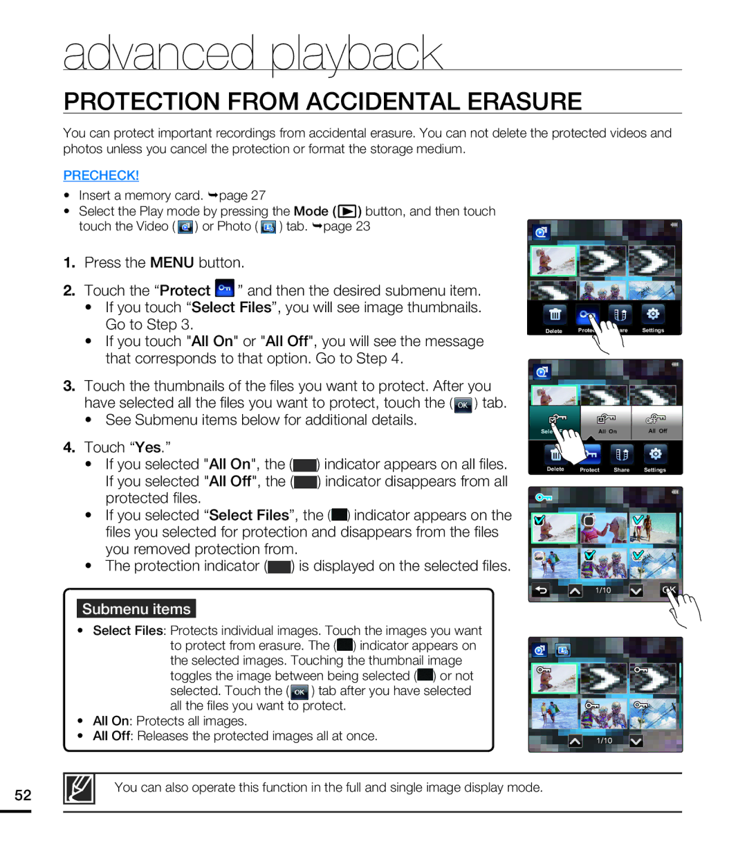 Samsung HMX-E10WN/XAA manual Protection from Accidental Erasure 