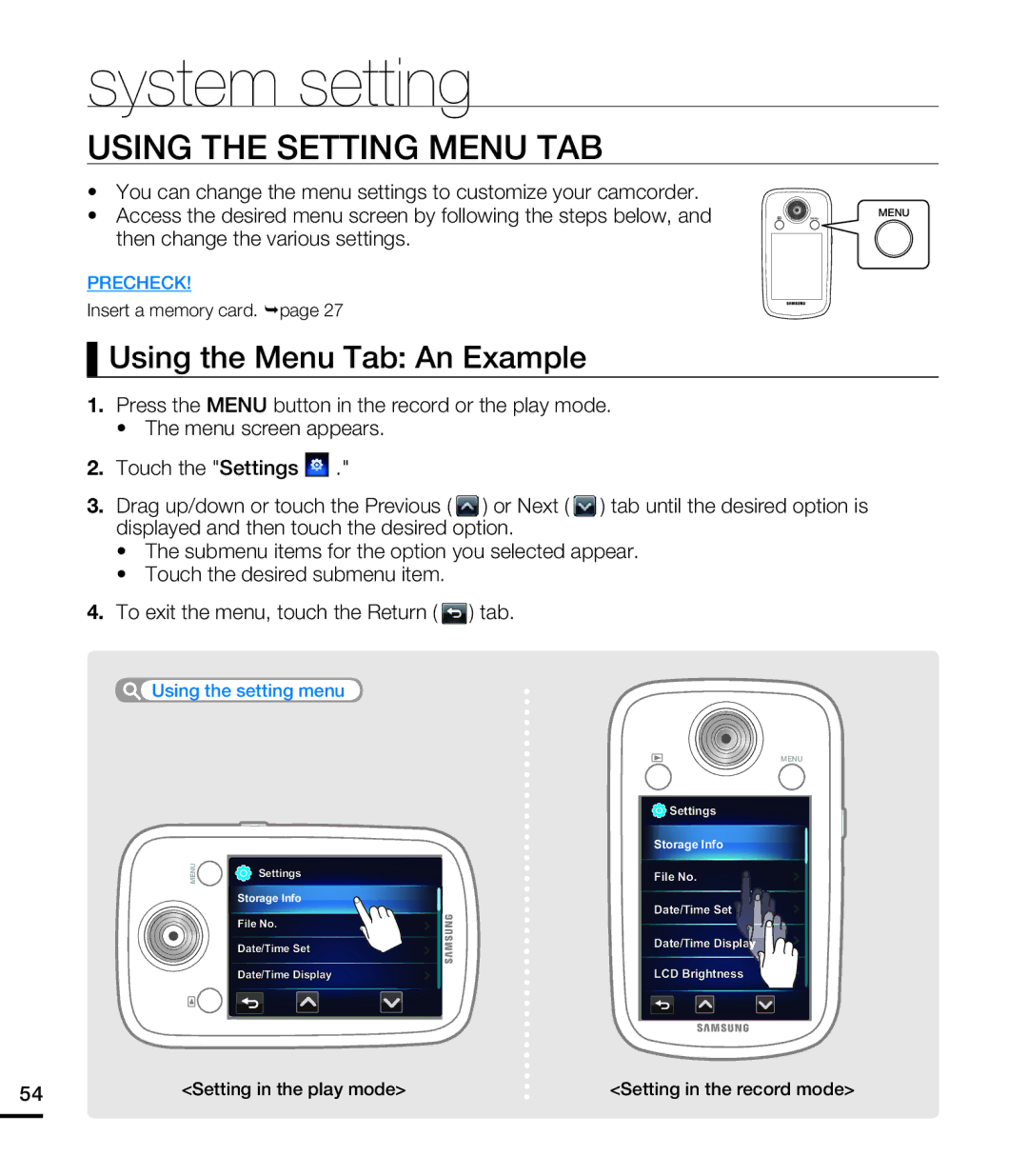 Samsung HMX-E10WN/XAA manual System setting, Using the Setting Menu TAB 