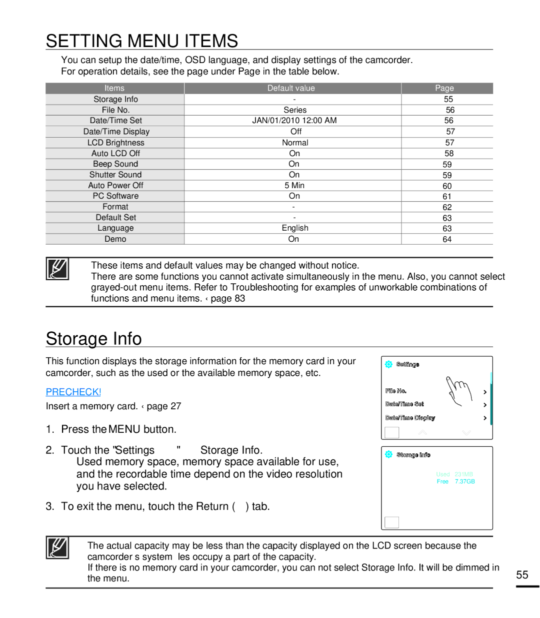 Samsung HMX-E10WN/XAA manual Setting Menu Items, Storage Info 