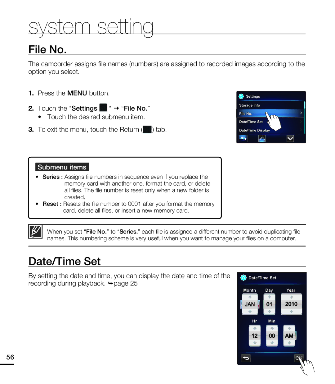 Samsung HMX-E10WN/XAA manual File No, Date/Time Set 