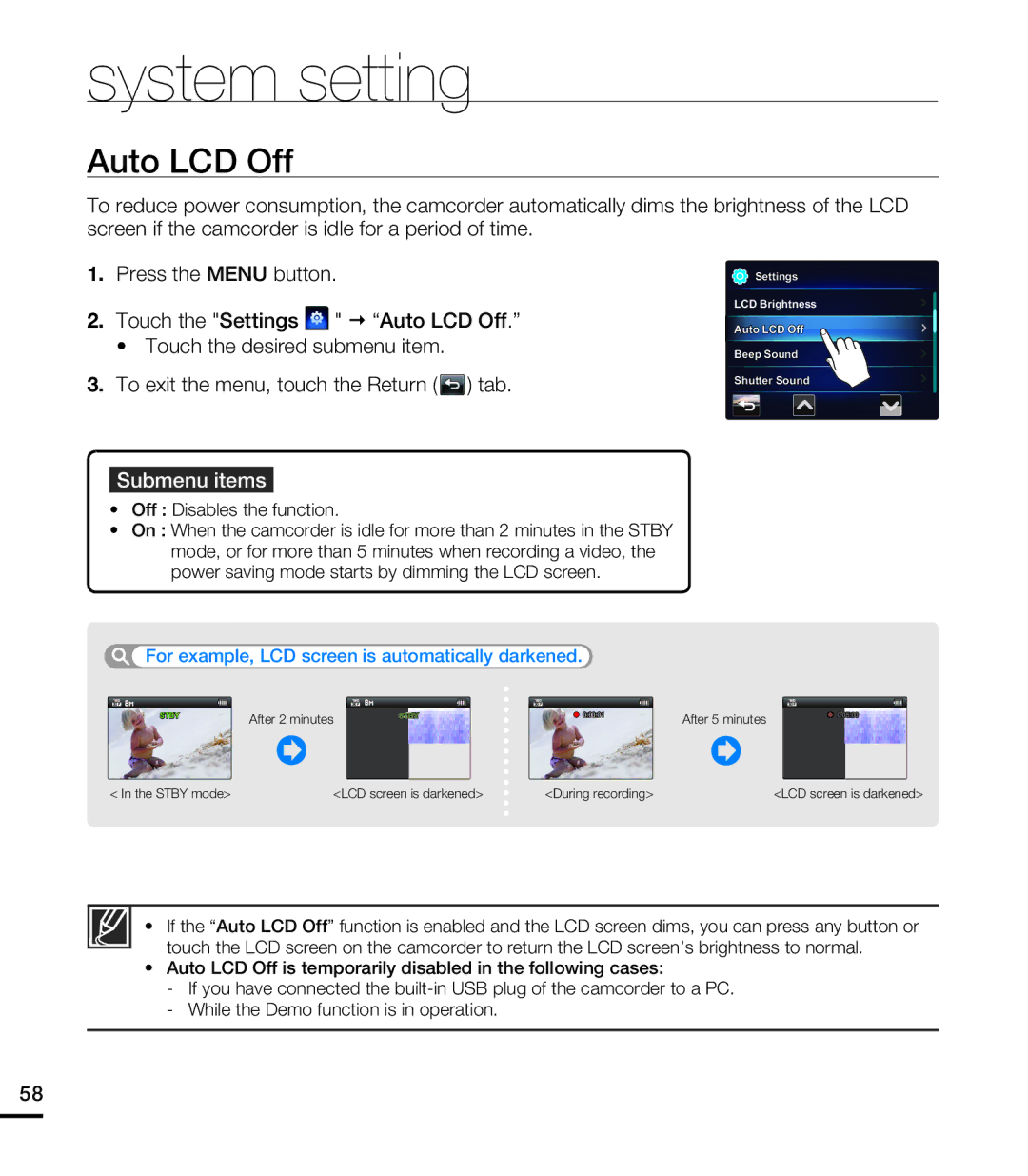 Samsung HMX-E10WN/XAA manual Auto LCD Off, Off Disables the function 