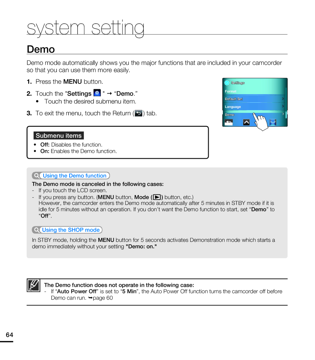 Samsung HMX-E10WN/XAA manual Using the Demo function 