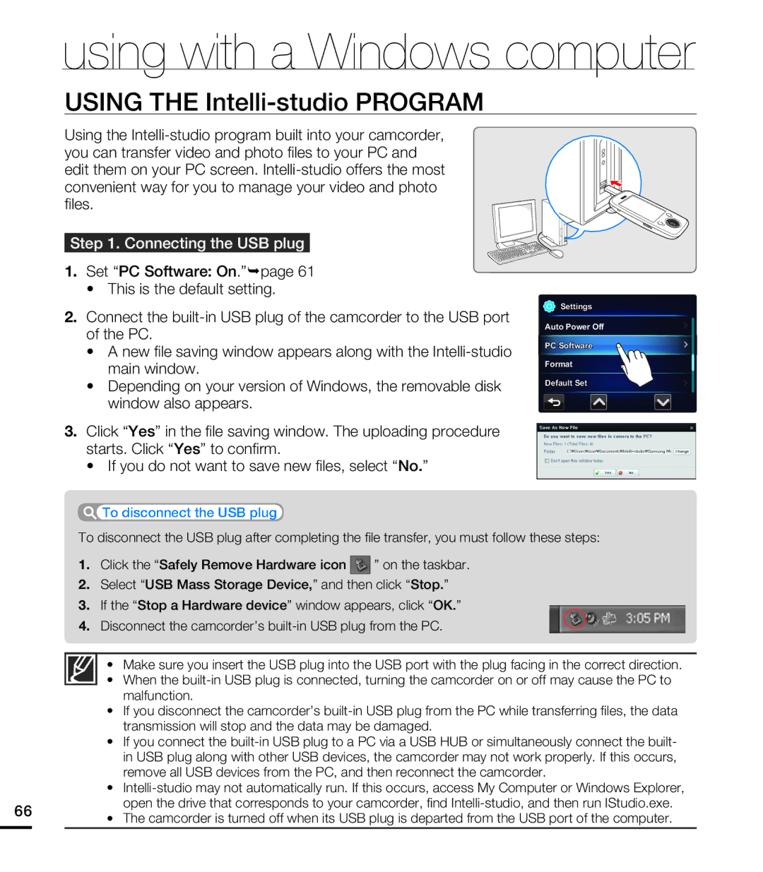 Samsung HMX-E10WN/XAA manual Using with a Windows computer, Using the Intelli-studio Program, Connecting the USB plug 