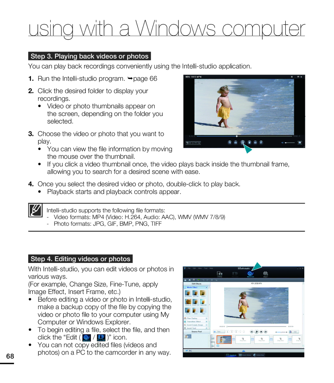 Samsung HMX-E10WN/XAA manual Playing back videos or photos, Editing videos or photos 