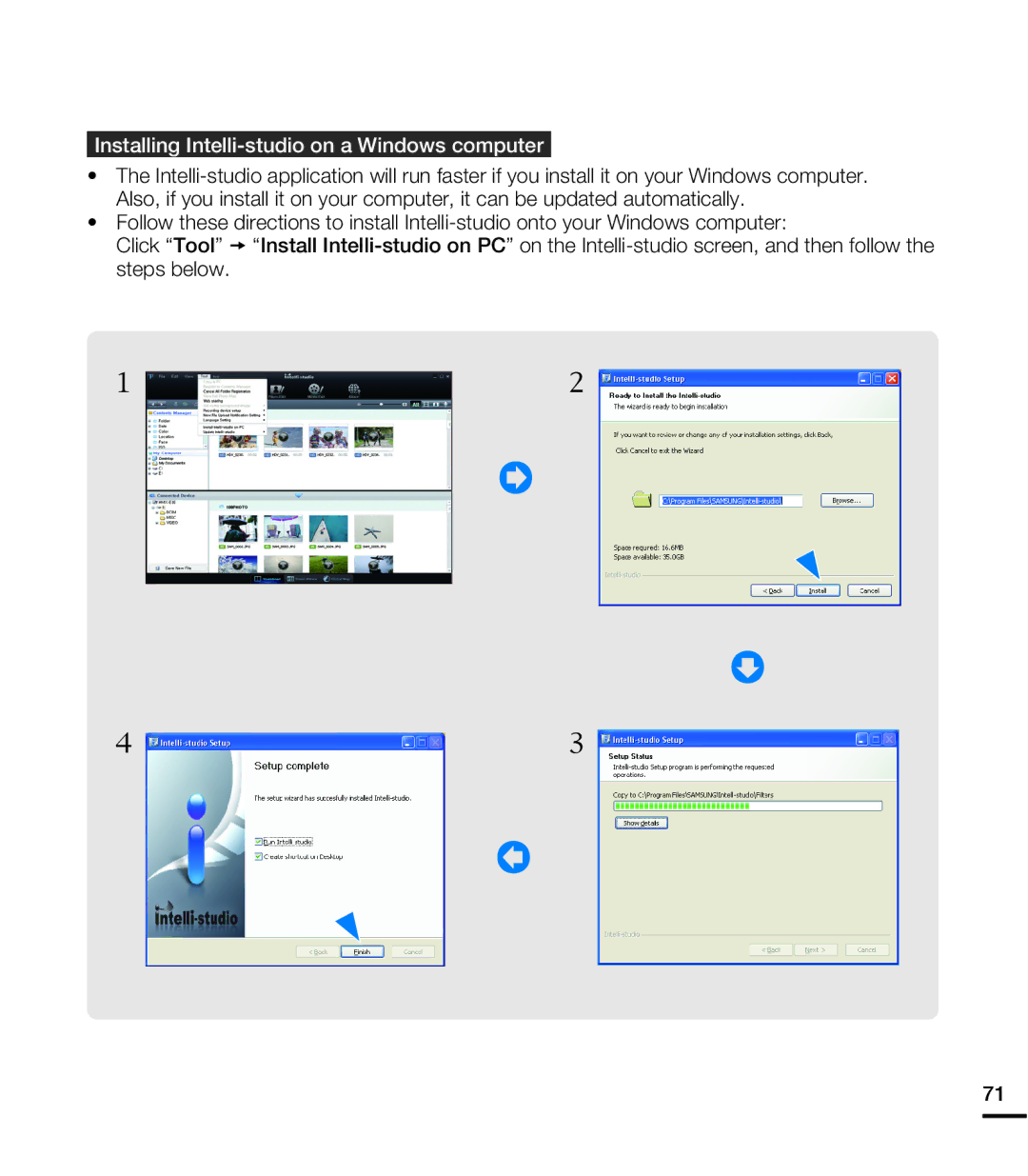 Samsung HMX-E10WN/XAA manual Installing Intelli-studio on a Windows computer 