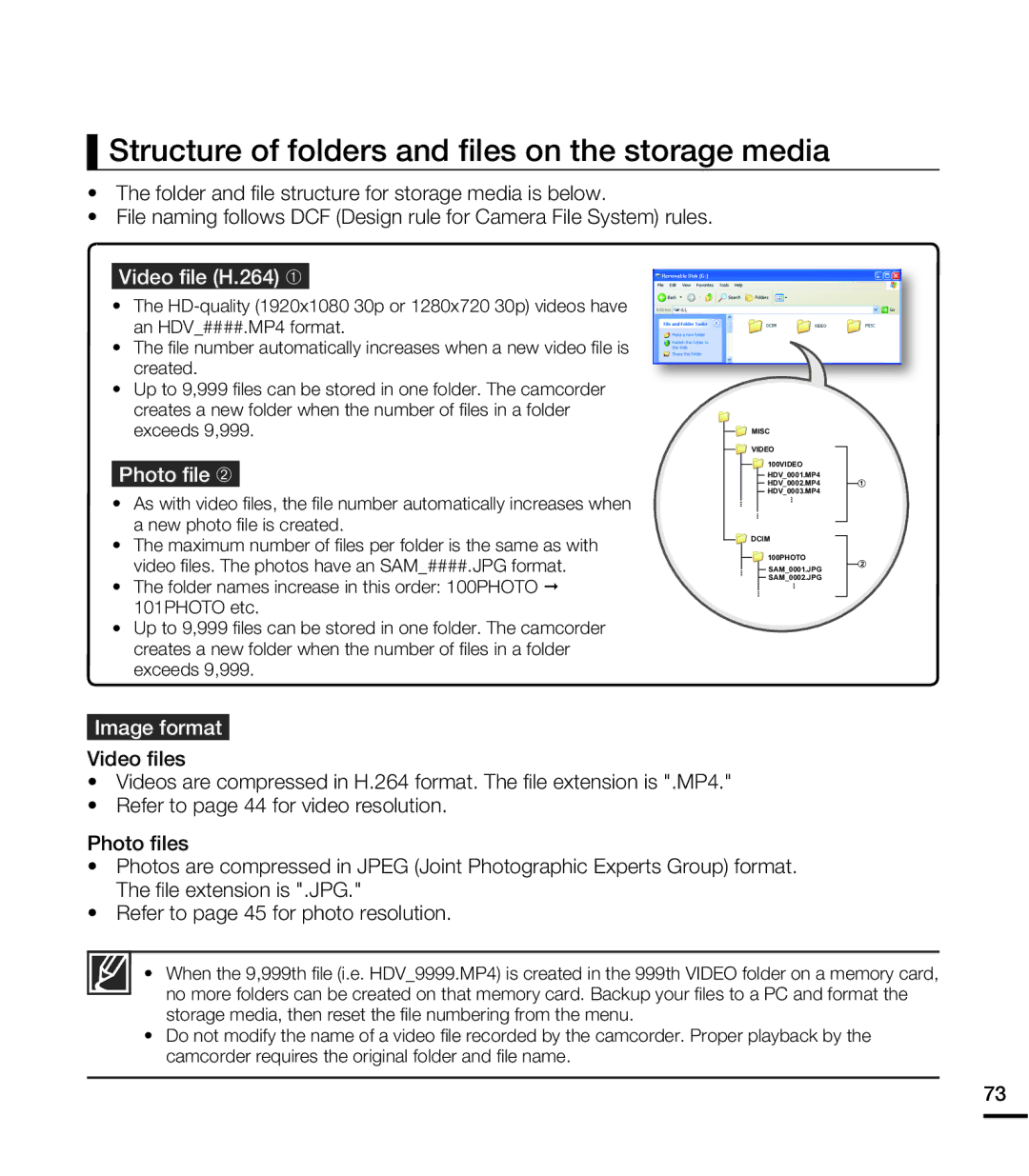 Samsung HMX-E10WN/XAA Structure of folders and ﬁles on the storage media, Video ﬁle H.264 , Photo ﬁle , Image format 