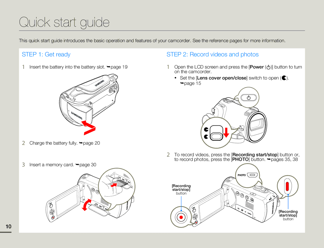 Samsung HMX-F80 user manual Quick start guide, On the camcorder, Set the Lens cover open/close switch to open, ¬page 