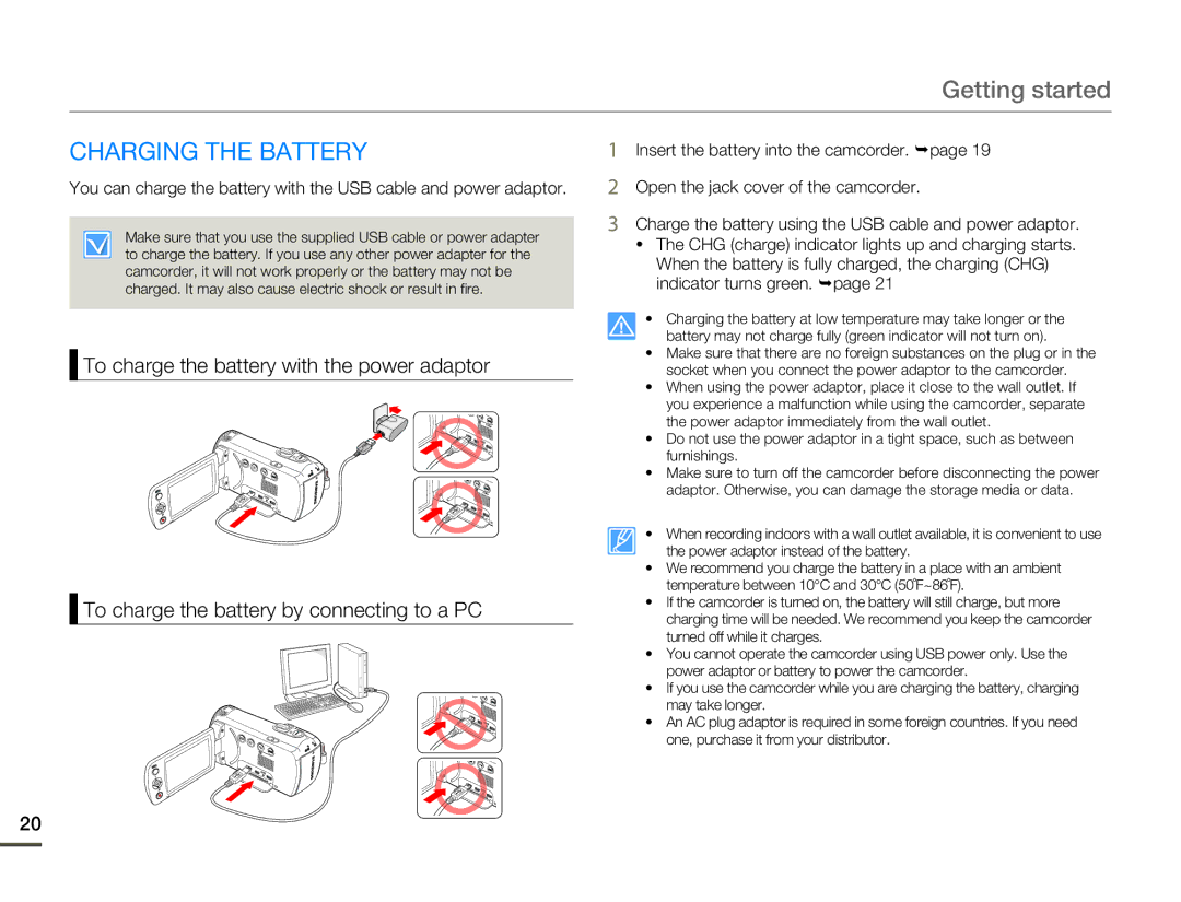 Samsung HMX-F80 user manual Getting started, Charging the Battery 